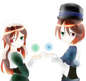 Rating: Safe Score: 0 Tags: 2girls brown_hair dress frills green_dress green_eyes hat head_scarf heterochromia image long_hair long_sleeves looking_at_viewer looking_back multiple_girls pair red_eyes short_hair siblings sisters smile souseiseki suiseiseki top_hat twins white_background User: admin