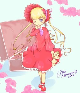 Rating: Safe Score: 0 Tags: 1girl blonde_hair blue_eyes bow dress flower frills image long_hair long_sleeves one_eye_closed pink_flower pink_rose red_flower red_rose rose shinku shoes solo stuffed_animal twintails User: admin