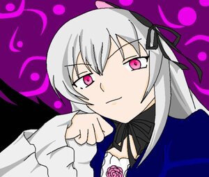 Rating: Safe Score: 0 Tags: 1girl dress flower hair_ribbon image long_hair long_sleeves looking_at_viewer pink_eyes purple_background purple_rose ribbon rose simple_background solo suigintou wings User: admin