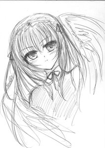 Rating: Safe Score: 0 Tags: 1girl angel angel_wings blush closed_mouth feathered_wings greyscale hairband image long_hair looking_at_viewer monochrome neck_ribbon ribbon simple_background sketch smile solo suigintou traditional_media upper_body white_background white_wings wings User: admin