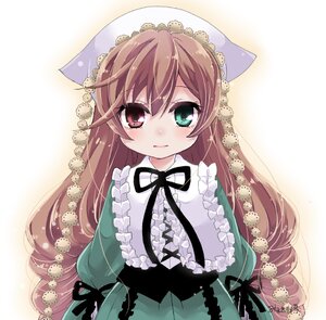 Rating: Safe Score: 0 Tags: 1girl black_ribbon blush brown_hair dress frills green_dress green_eyes heterochromia image long_hair long_sleeves looking_at_viewer red_eyes ribbon solo suiseiseki very_long_hair white_background User: admin