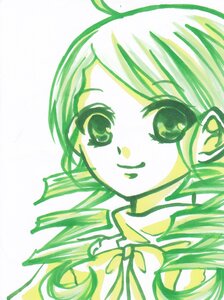 Rating: Safe Score: 0 Tags: 1girl food fruit green_theme image kanaria leaf long_hair looking_at_viewer monochrome plant smile solo traditional_media User: admin