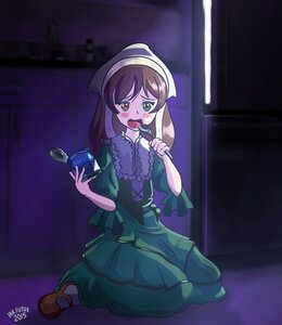 Rating: Safe Score: 0 Tags: 1girl brown_hair dress frills full_body green_dress green_eyes heterochromia image long_hair open_mouth red_eyes sitting solo suiseiseki User: admin