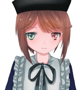 Rating: Safe Score: 0 Tags: 1girl apron bangs black_headwear blue_dress blush brown_eyes brown_hair closed_mouth dress eyebrows_visible_through_hair frills green_eyes hat image looking_at_viewer ribbon short_hair simple_background solo souseiseki upper_body white_background User: admin