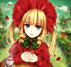 Rating: Safe Score: 0 Tags: 1girl blonde_hair blue_eyes bonnet bow bowtie cup dress drill_hair flower green_bow holding_cup image long_hair long_sleeves looking_at_viewer petals red_capelet red_flower red_rose rose rose_petals saucer shinku solo tea teacup User: admin
