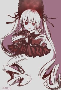 Rating: Safe Score: 0 Tags: 1girl bangs capelet dress drill_hair eyebrows_visible_through_hair flower grey_background hat image long_hair long_sleeves looking_at_viewer parted_lips ringlets rose shinku simple_background solo very_long_hair User: admin