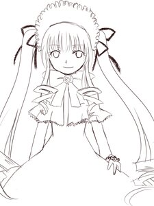 Rating: Safe Score: 0 Tags: 1girl bowtie dress greyscale image long_hair long_sleeves looking_at_viewer monochrome shinku simple_background smile solo twintails very_long_hair white_background User: admin