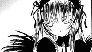 Rating: Safe Score: 0 Tags: 1girl blush dress greyscale hair_ribbon image long_hair looking_at_viewer monochrome ribbon simple_background solo suigintou upper_body white_background wings User: admin