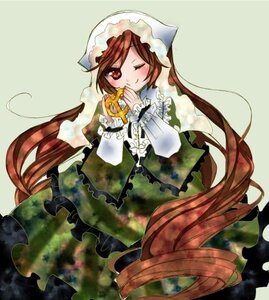 Rating: Safe Score: 0 Tags: 1girl brown_hair dress frills green_dress hat head_scarf image long_hair long_sleeves one_eye_closed red_eyes simple_background smile solo suiseiseki very_long_hair User: admin