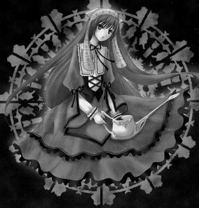 Rating: Safe Score: 0 Tags: 1girl dress expressionless frills greyscale image long_hair long_sleeves looking_at_viewer monochrome ribbon solo standing suiseiseki very_long_hair User: admin