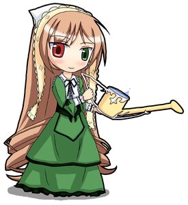 Rating: Safe Score: 0 Tags: 1girl blush brown_hair chibi dress drill_hair frills green_dress green_eyes heterochromia image long_hair long_sleeves looking_at_viewer red_eyes simple_background smile solo standing suiseiseki very_long_hair watering_can white_background User: admin