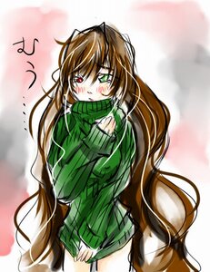 Rating: Safe Score: 0 Tags: 1girl blush bottomless brown_hair green_shirt heterochromia image long_hair long_sleeves naked_sweater red_eyes ribbed_sweater solo suiseiseki sweater turtleneck very_long_hair User: admin
