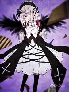 Rating: Safe Score: 0 Tags: 1girl :d bangs black_dress black_wings blush closed_eyes dress facing_viewer feathered_wings frills hairband image long_hair long_sleeves open_mouth ribbon smile solo standing suigintou twitter_username very_long_hair wings User: admin