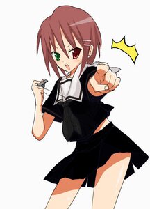 Rating: Safe Score: 0 Tags: 1girl black_skirt cowboy_shot green_eyes heterochromia image looking_at_viewer open_mouth outstretched_arm pointing pointing_at_viewer red_eyes school_uniform serafuku simple_background skirt solo souseiseki striped white_background User: admin