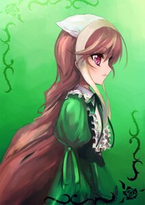 Rating: Safe Score: 0 Tags: 1girl brown_hair closed_mouth dress frills green_background green_dress image long_hair long_sleeves pink_eyes profile rose smile solo suiseiseki very_long_hair User: admin