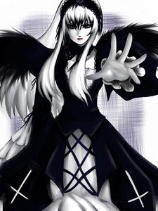 Rating: Safe Score: 0 Tags: 1girl black_wings dress frills hairband image long_hair long_sleeves looking_at_viewer monochrome outstretched_hand solo suigintou wings User: admin