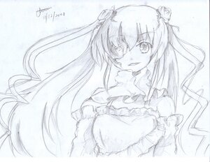 Rating: Safe Score: 0 Tags: 1girl dated dress frills graphite_(medium) hair_ornament image kirakishou long_hair looking_at_viewer monochrome signature sketch smile solo traditional_media upper_body User: admin