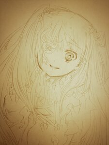 Rating: Safe Score: 0 Tags: 1girl flower frills hair_flower hair_ornament image kirakishou lineart long_hair looking_at_viewer monochrome sketch smile solo traditional_media User: admin