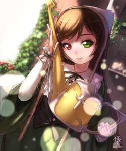 Rating: Safe Score: 0 Tags: 1girl blurry brown_hair commentary_request dated dress flower frills green_eyes hat head_scarf heterochromia highres holding image long_hair long_sleeves looking_at_viewer outdoors qingmingtongzi red_eyes rozen_maiden signature smile solo suiseiseki very_long_hair watering_can User: admin