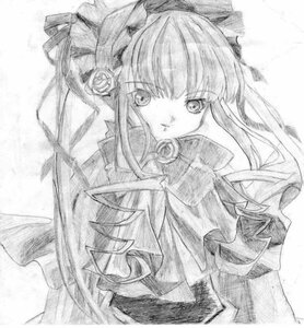 Rating: Safe Score: 0 Tags: 1girl bow bowtie dress flower frills greyscale hat image long_hair looking_at_viewer monochrome rose shinku solo traditional_media white_background User: admin