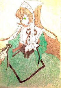 Rating: Safe Score: 0 Tags: 1girl auto_tagged dress frills green_dress green_eyes hat image long_hair long_sleeves profile simple_background solo suiseiseki traditional_media very_long_hair User: admin