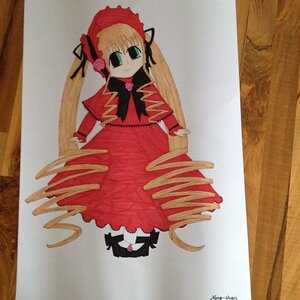 Rating: Safe Score: 0 Tags: 1girl bangs blonde_hair bonnet bow bowtie dress flower full_body green_eyes image long_hair long_sleeves looking_at_viewer marker_(medium) photo red_dress rose shinku shoes solo standing traditional_media twintails very_long_hair User: admin