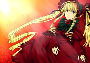 Rating: Safe Score: 0 Tags: 1girl blonde_hair blue_eyes bonnet bow capelet dress flower green_bow image long_hair long_sleeves looking_at_viewer pink_rose red_dress red_flower red_rose rose shinku sitting solo twintails very_long_hair User: admin