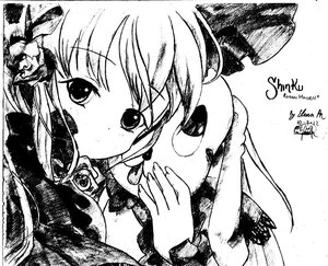 Rating: Safe Score: 0 Tags: 1girl blush flower greyscale hair_flower hair_ornament image looking_at_viewer monochrome shinku simple_background solo traditional_media upper_body white_background User: admin