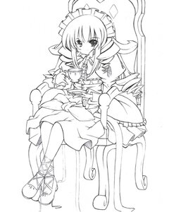 Rating: Safe Score: 0 Tags: 1girl dress drill_hair frills full_body greyscale image lineart long_hair long_sleeves looking_at_viewer monochrome shinku simple_background sitting solo twin_drills User: admin
