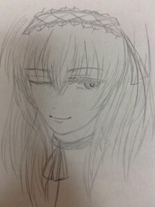 Rating: Safe Score: 0 Tags: 1girl choker closed_mouth eyebrows_visible_through_hair greyscale hairband image long_hair looking_at_viewer monochrome simple_background sketch smile solo suigintou traditional_media User: admin