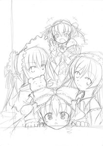 Rating: Safe Score: 0 Tags: :d blush food greyscale hairband image long_hair looking_at_viewer monochrome multiple multiple_girls open_mouth siblings simple_background sisters sketch smile suigintou tagme white_background User: admin