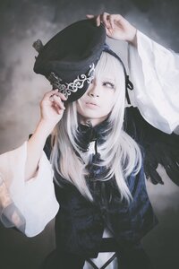 Rating: Safe Score: 0 Tags: bangs black_ribbon closed_mouth grey_background hat holding long_hair long_sleeves looking_at_viewer ribbon solo suigintou upper_body white_hair User: admin