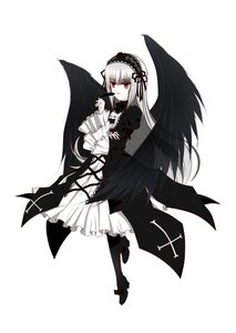 Rating: Safe Score: 0 Tags: 1girl black_wings boots dress flower frills full_body hairband image lolita_fashion long_hair long_sleeves looking_at_viewer red_eyes ribbon rose silver_hair solo suigintou very_long_hair white_background wings User: admin