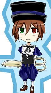 Rating: Safe Score: 0 Tags: 1girl brown_hair chibi full_body green_eyes hat heterochromia image long_sleeves looking_at_viewer red_eyes ribbon shoes shorts smile solo souseiseki standing top_hat white_legwear User: admin