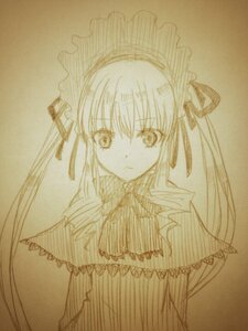 Rating: Safe Score: 0 Tags: 1girl bow bowtie capelet dress frills hairband image long_hair looking_at_viewer monochrome photo ribbon shinku simple_background solo traditional_media upper_body User: admin