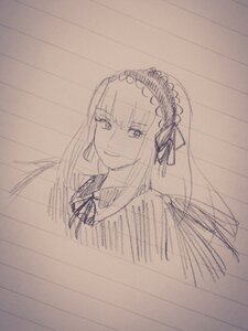 Rating: Safe Score: 0 Tags: 1girl bangs choker eyebrows_visible_through_hair frills hairband image lolita_hairband looking_at_viewer monochrome ribbon sketch smile solo suigintou traditional_media User: admin