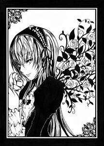 Rating: Safe Score: 0 Tags: 1girl bangs black_border border circle_cut commentary_request dress flower frills fujiki_boy gothic_lolita greyscale hairband holding holding_flower image letterboxed lolita_fashion long_hair looking_at_viewer monochrome puffy_sleeves rose rozen_maiden simple_background smile solo suigintou thorns User: admin