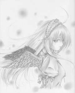 Rating: Safe Score: 0 Tags: 1girl angel angel_wings bangs closed_mouth dress feathered_wings feathers greyscale hairband image long_hair long_sleeves looking_at_viewer monochrome puffy_sleeves ribbon solo suigintou upper_body very_long_hair wings User: admin