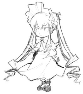 Rating: Safe Score: 0 Tags: 1girl bowtie dress frills full_body greyscale image long_hair long_sleeves looking_at_viewer monochrome shinku simple_background solo standing very_long_hair white_background User: admin