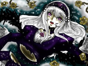 Rating: Safe Score: 0 Tags: 1girl black_wings dress flower hairband image lolita_hairband long_hair long_sleeves looking_at_viewer pale_skin rose silver_hair solo suigintou wings User: admin