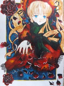 Rating: Safe Score: 0 Tags: 1girl blonde_hair blue_eyes bonnet dress drill_hair flower image long_hair long_sleeves looking_at_viewer rose shinku solo traditional_media very_long_hair User: admin