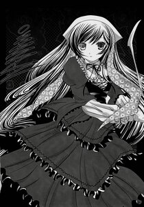 Rating: Safe Score: 0 Tags: 1girl blush dress frills greyscale image long_hair long_sleeves looking_at_viewer monochrome pointy_ears ribbon solo standing suiseiseki very_long_hair User: admin