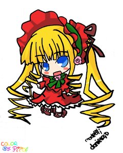 Rating: Safe Score: 0 Tags: 1girl blonde_hair blue_eyes blush bonnet bow chibi dated dress flower full_body green_bow image long_hair long_sleeves open_mouth rose shinku signature simple_background solo twintails white_background User: admin