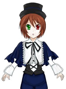 Rating: Safe Score: 0 Tags: 1girl blue_dress brown_hair capelet cowboy_shot frills green_eyes hat heterochromia image long_sleeves looking_at_viewer red_eyes ribbon short_hair simple_background solo souseiseki top_hat white_background User: admin