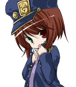 Rating: Safe Score: 0 Tags: 1girl brown_hair green_eyes hat heterochromia image long_sleeves looking_at_viewer red_eyes simple_background solo souseiseki upper_body white_background User: admin