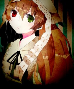 Rating: Safe Score: 0 Tags: 1girl bangs brown_hair dress green_eyes hat heterochromia image long_hair looking_at_viewer red_eyes ribbon solo suiseiseki upper_body User: admin