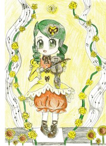 Rating: Safe Score: 0 Tags: 1girl dress flower green_eyes green_hair hair_flower hair_ornament image kanaria long_hair ribbon smile solo traditional_media twintails yellow_flower User: admin