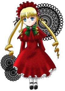 Rating: Safe Score: 0 Tags: 1girl blonde_hair blue_eyes bonnet bow bowtie dress drill_hair full_body green_bow green_neckwear image long_hair long_sleeves looking_at_viewer red_dress shinku shoes simple_background solo standing twin_drills twintails white_background User: admin