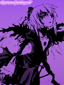 Rating: Safe Score: 0 Tags: 1girl dress image lolita_hairband long_hair long_sleeves looking_at_viewer monochrome purple_background purple_theme solo suigintou User: admin