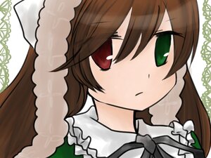 Rating: Safe Score: 0 Tags: 1girl bangs blush brown_hair dress eyebrows_visible_through_hair frills green_eyes image long_hair looking_at_viewer portrait red_eyes ribbon simple_background solo suiseiseki User: admin